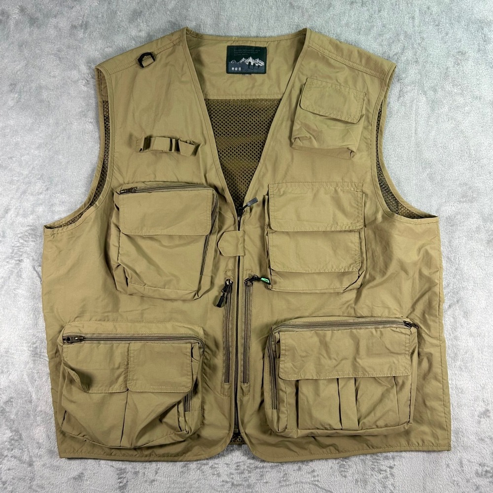 Outdoor Sports Utility Fishing Vest Khaki Tan Multi-Pocket Mesh Lined Large